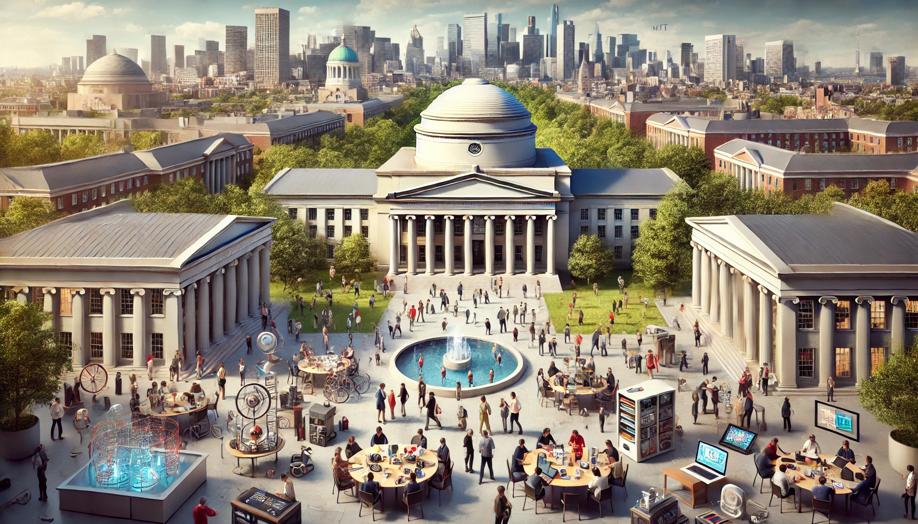 "MIT courtyard bustling with students and tech exhibits"
