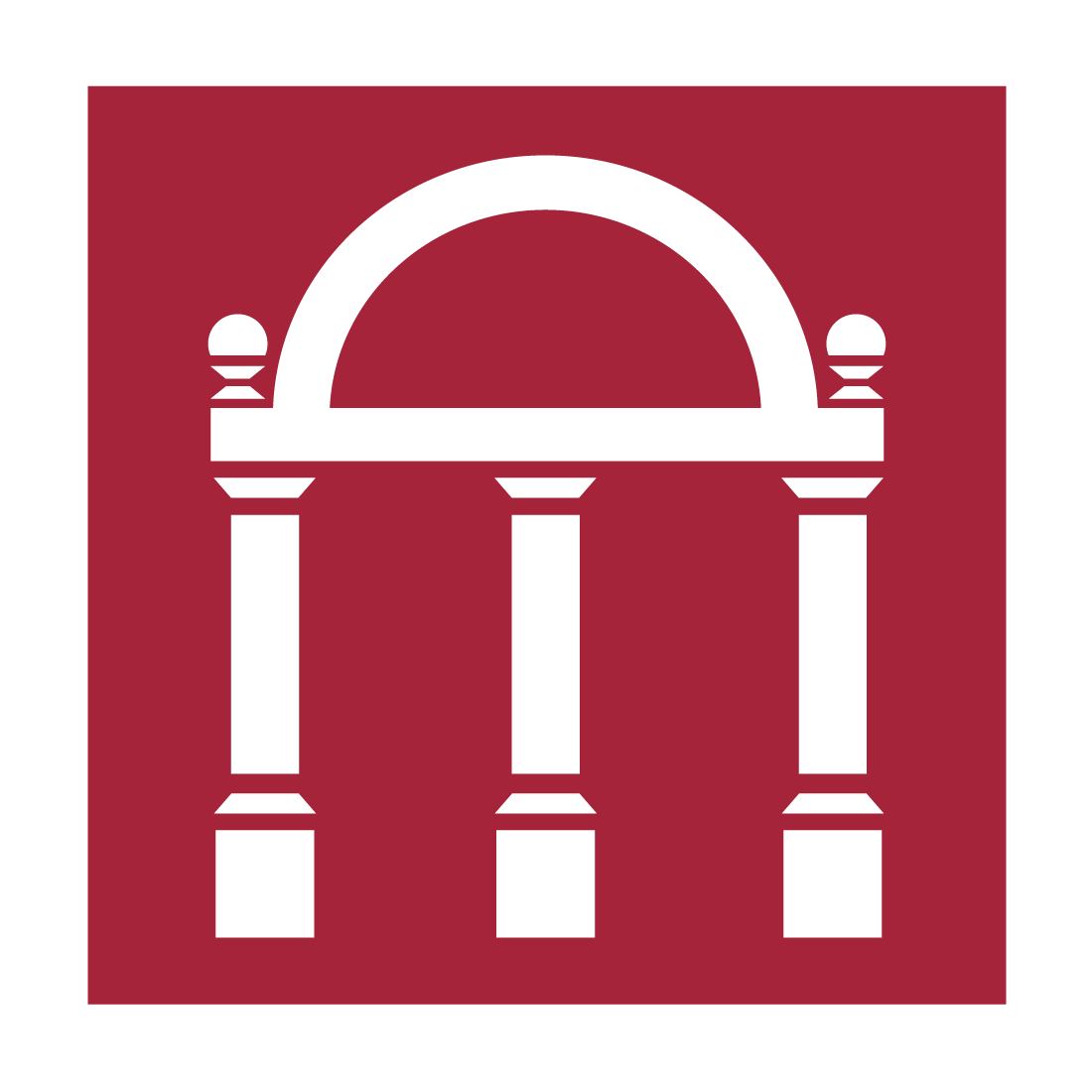 "University of Georgia Arch logo in white on a red background."
