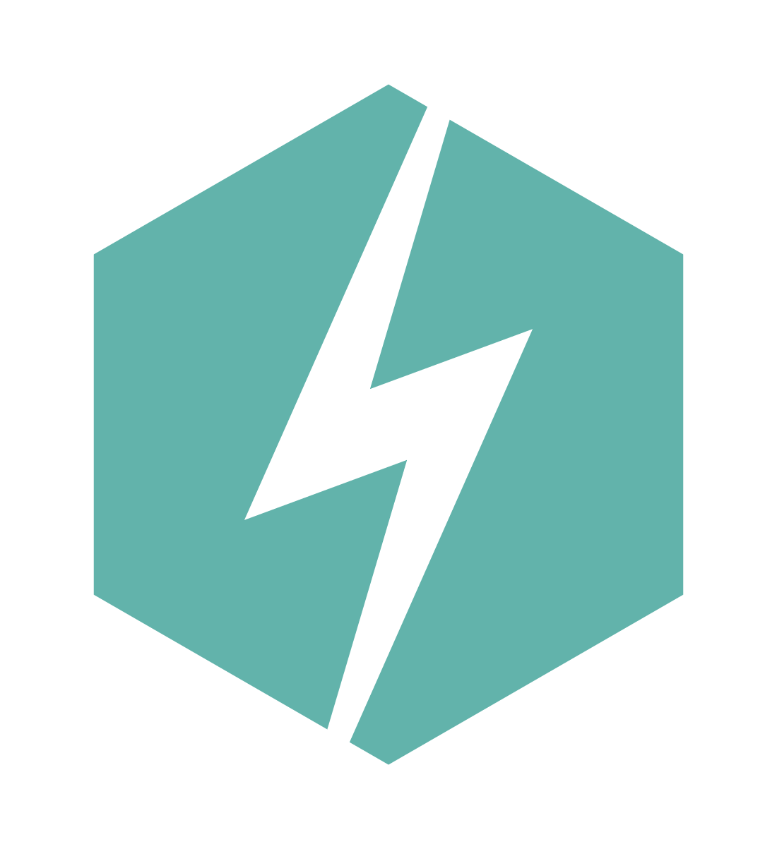 "Hexagon logo with teal background and white lightning bolt"